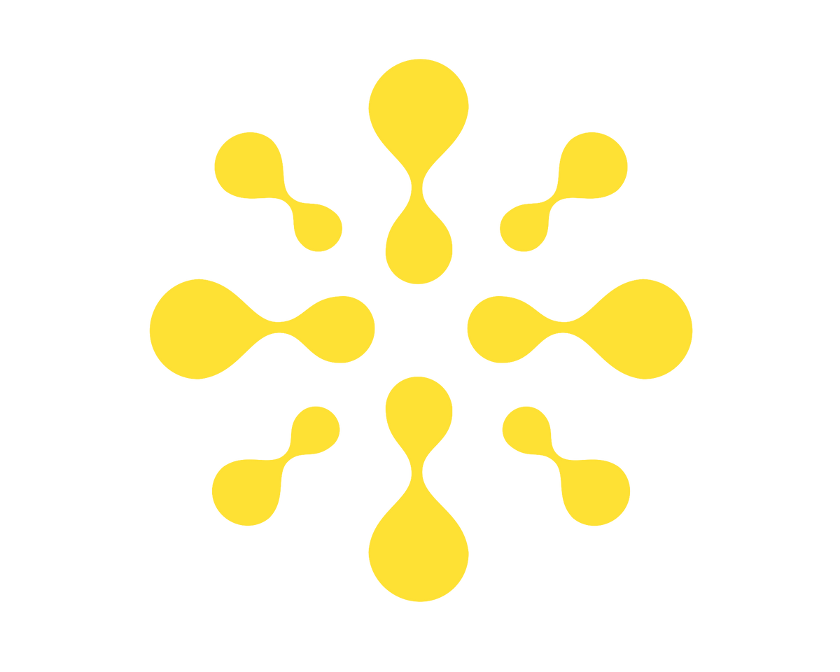 A yellow graphic logo consisting of six abstract curved shapes arranged in a circular pattern on a solid white background.